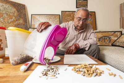英国退休药剂师收集烟头制成反吸烟艺术品